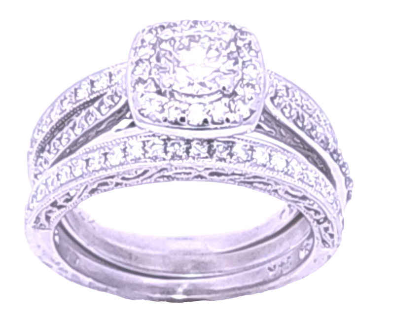 Estate 14 Karat White Gold Diamond Engagement Ring With 2 Matching Bands